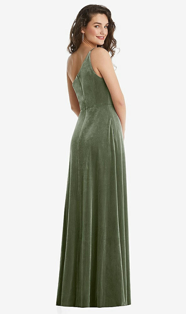 Back View - Sage One-Shoulder Spaghetti Strap Velvet Maxi Dress with Pockets