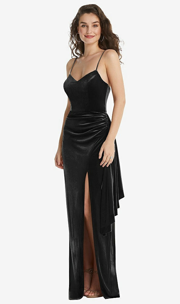 Front View - Black Spaghetti Strap Velvet Maxi Dress with Draped Cascade Skirt