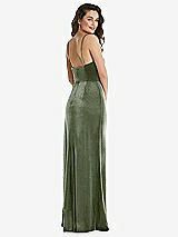 Rear View Thumbnail - Sage Spaghetti Strap Velvet Maxi Dress with Draped Cascade Skirt