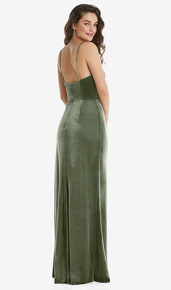 Back View - Sage Spaghetti Strap Velvet Maxi Dress with Draped Cascade Skirt