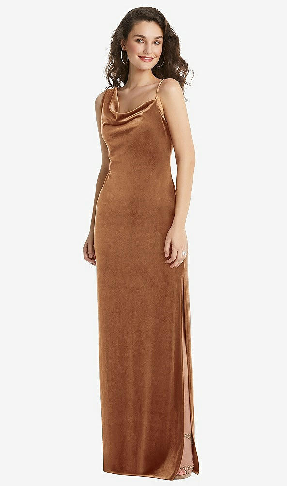 Front View - Golden Almond Asymmetrical One-Shoulder Velvet Maxi Slip Dress