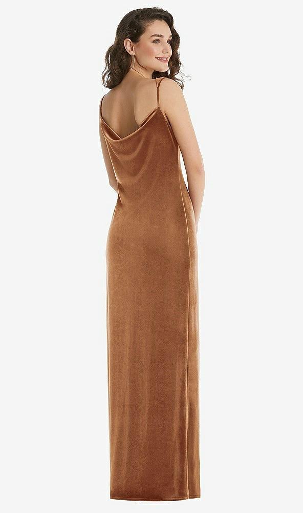 Back View - Golden Almond Asymmetrical One-Shoulder Velvet Maxi Slip Dress