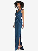 Side View Thumbnail - Dusk Blue Pleated Bodice Satin Maxi Pencil Dress with Bow Detail