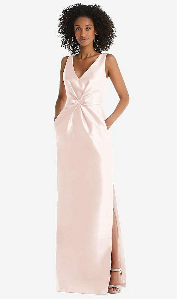 Front View - Blush Pleated Bodice Satin Maxi Pencil Dress with Bow Detail