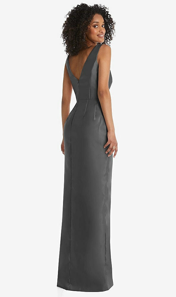 Back View - Pewter Pleated Bodice Satin Maxi Pencil Dress with Bow Detail