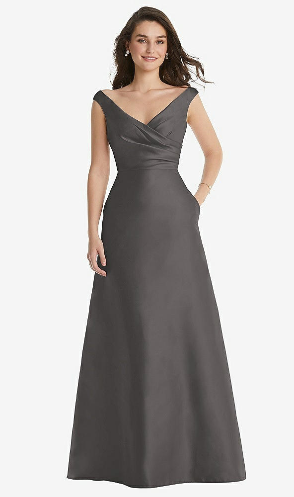 Front View - Caviar Gray Off-the-Shoulder Draped Wrap Maxi Dress with Pockets