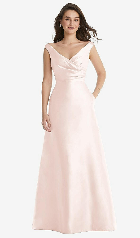 Front View - Blush Off-the-Shoulder Draped Wrap Maxi Dress with Pockets