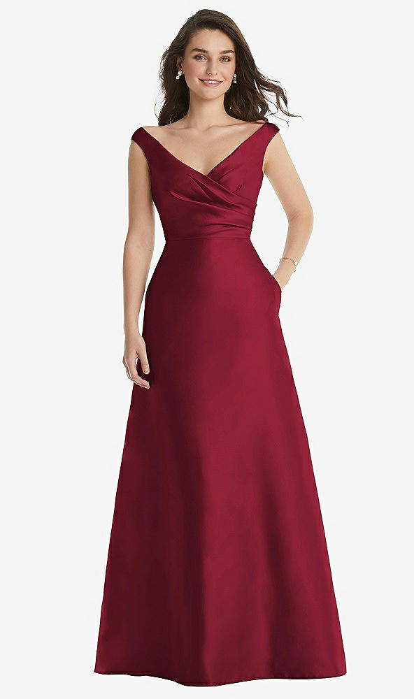 Front View - Burgundy Off-the-Shoulder Draped Wrap Maxi Dress with Pockets