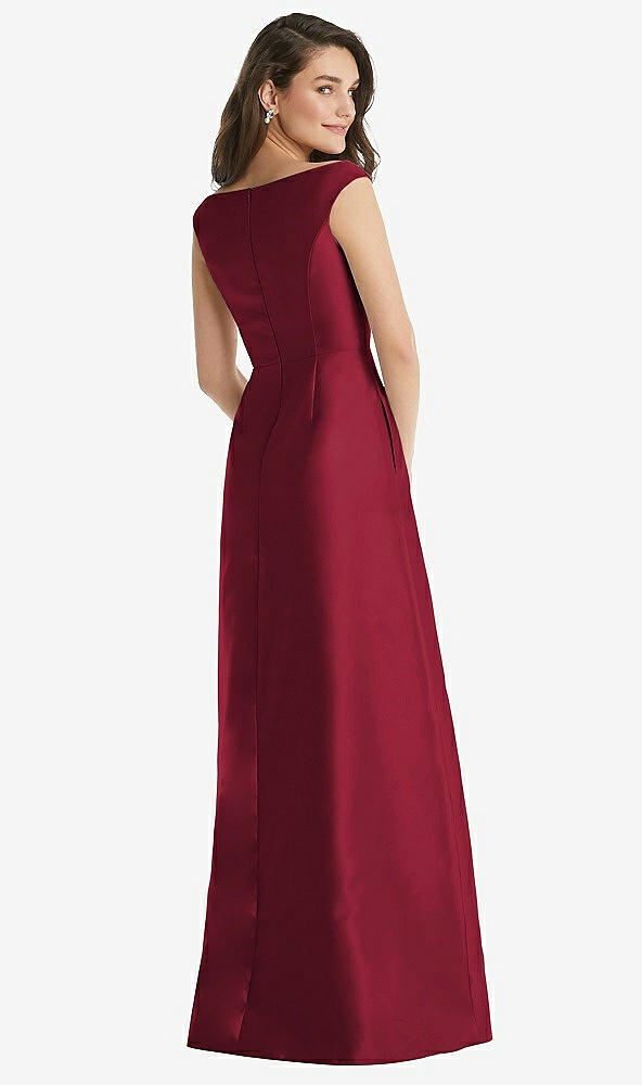 Back View - Burgundy Off-the-Shoulder Draped Wrap Maxi Dress with Pockets