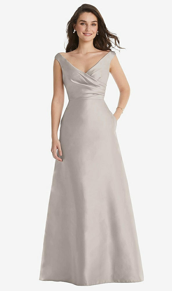Front View - Taupe Off-the-Shoulder Draped Wrap Maxi Dress with Pockets