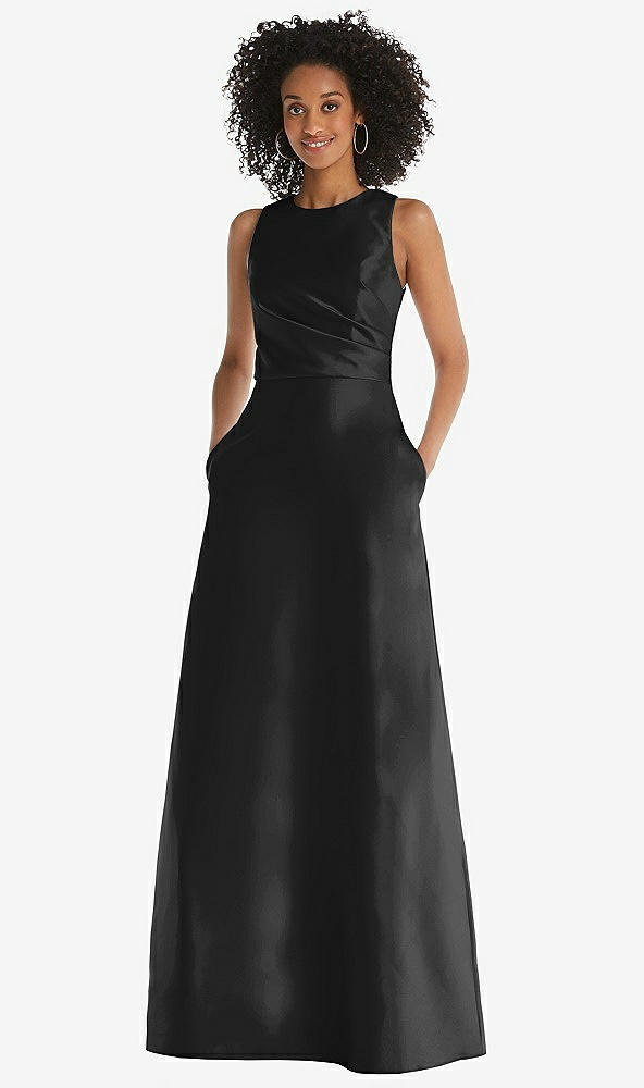 Front View - Black Jewel Neck Asymmetrical Shirred Bodice Maxi Dress with Pockets