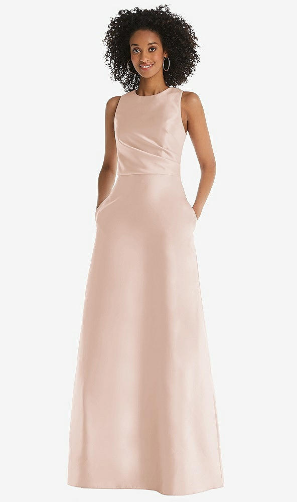 Front View - Cameo Jewel Neck Asymmetrical Shirred Bodice Maxi Dress with Pockets
