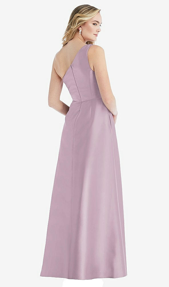 Back View - Suede Rose Pleated Draped One-Shoulder Satin Maxi Dress with Pockets