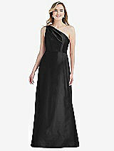 Front View Thumbnail - Black Pleated Draped One-Shoulder Satin Maxi Dress with Pockets