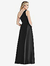 Rear View Thumbnail - Black Pleated Draped One-Shoulder Satin Maxi Dress with Pockets