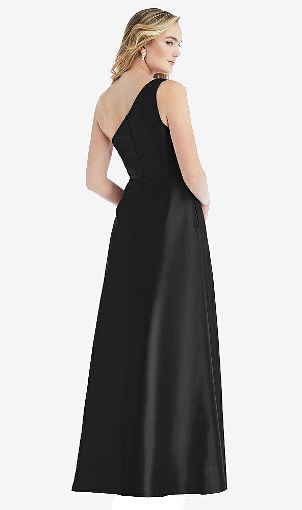 Back View - Black Pleated Draped One-Shoulder Satin Maxi Dress with Pockets