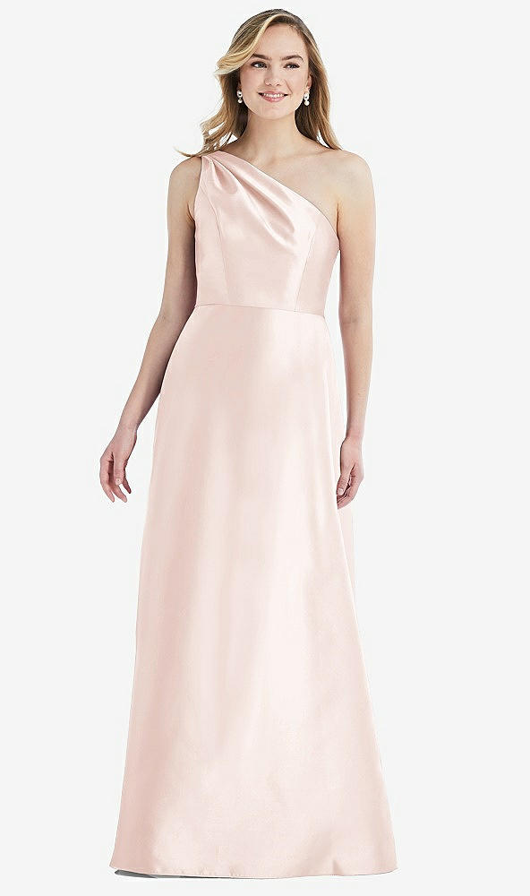 Front View - Blush Pleated Draped One-Shoulder Satin Maxi Dress with Pockets