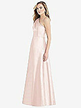 Side View Thumbnail - Blush Pleated Draped One-Shoulder Satin Maxi Dress with Pockets