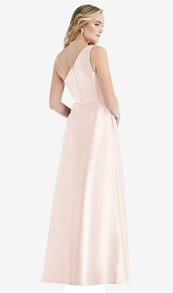 Back View - Blush Pleated Draped One-Shoulder Satin Maxi Dress with Pockets