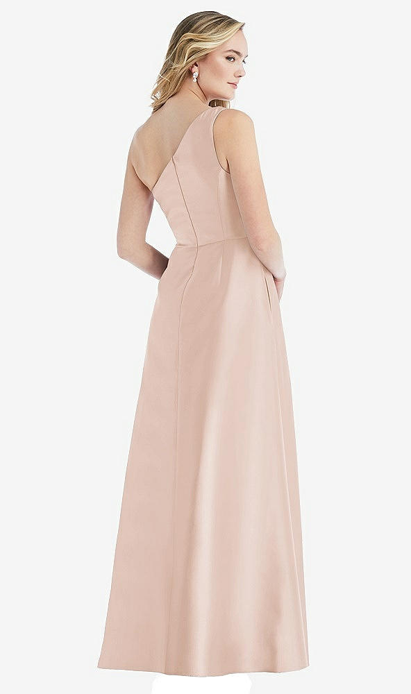 Back View - Cameo Pleated Draped One-Shoulder Satin Maxi Dress with Pockets