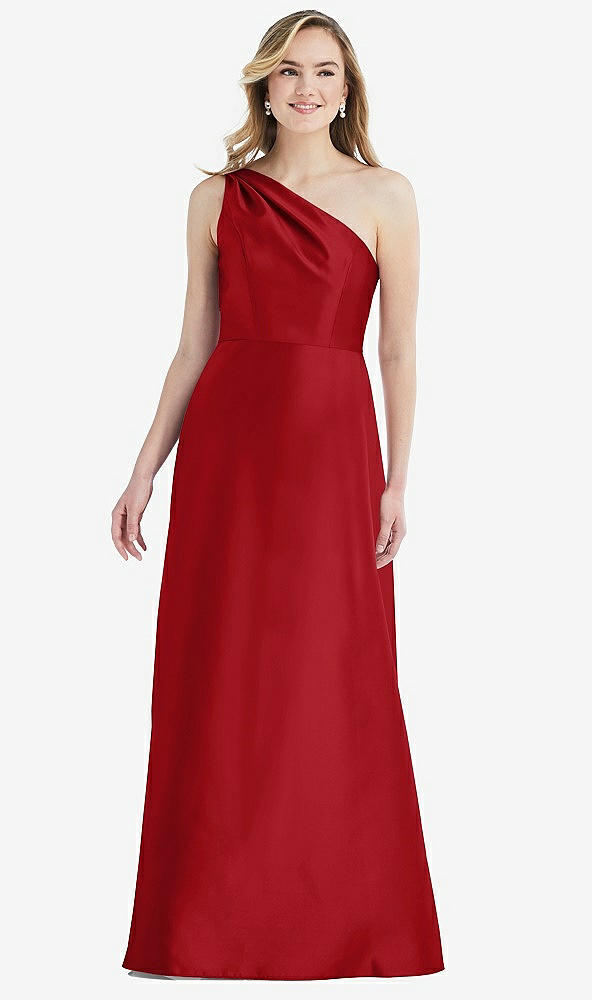 Front View - Garnet Pleated Draped One-Shoulder Satin Maxi Dress with Pockets
