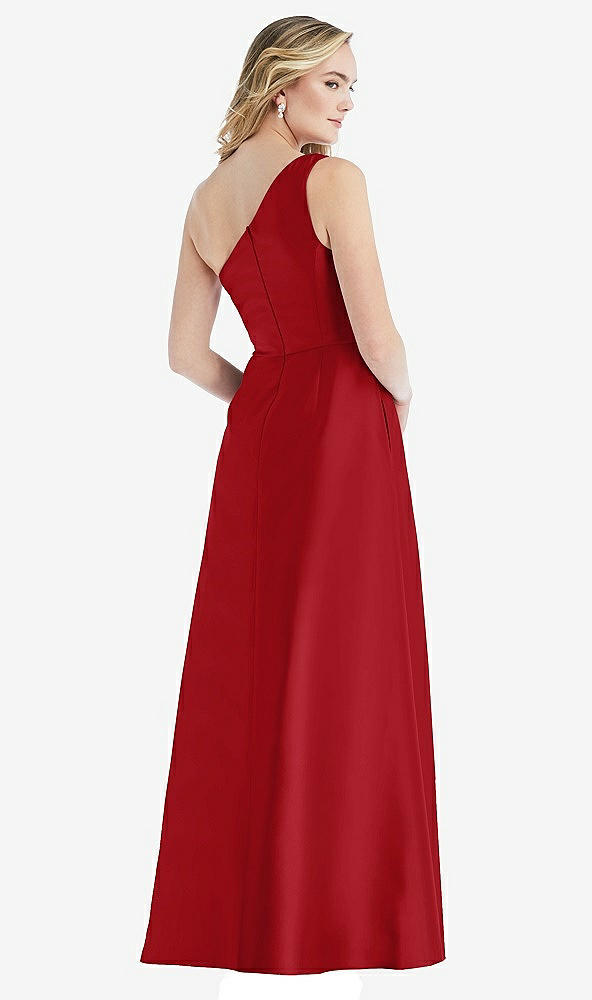 Back View - Garnet Pleated Draped One-Shoulder Satin Maxi Dress with Pockets