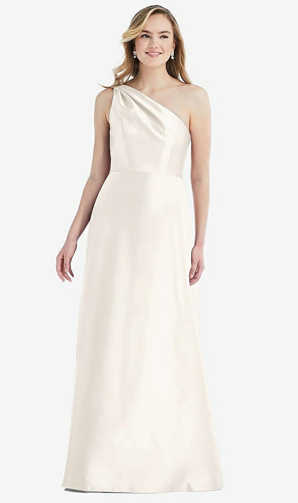 Front View - Ivory Pleated Draped One-Shoulder Satin Maxi Dress with Pockets