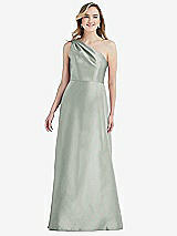 Front View Thumbnail - Willow Green Pleated Draped One-Shoulder Satin Maxi Dress with Pockets