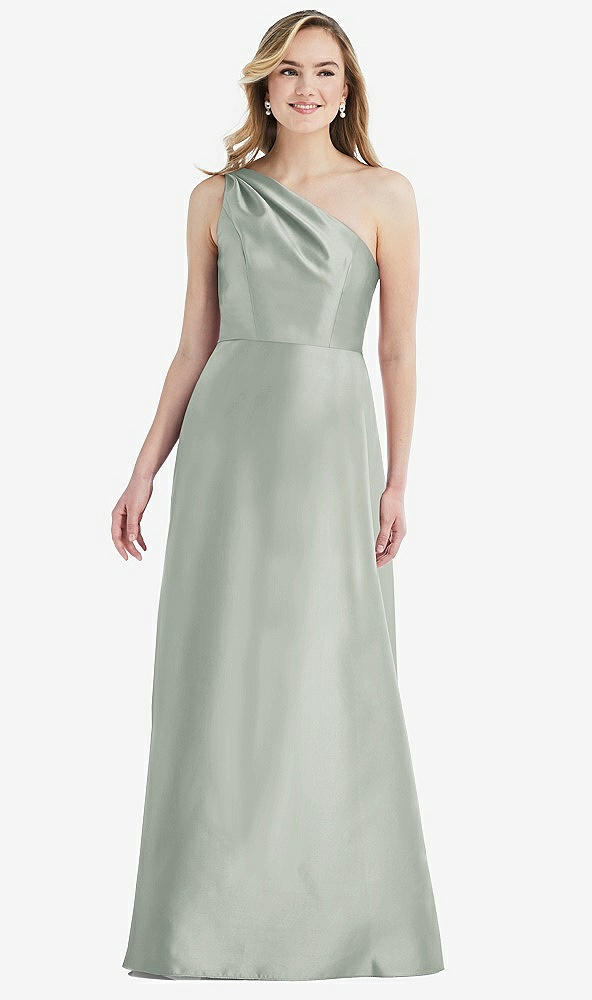 Front View - Willow Green Pleated Draped One-Shoulder Satin Maxi Dress with Pockets