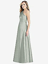Side View Thumbnail - Willow Green Pleated Draped One-Shoulder Satin Maxi Dress with Pockets