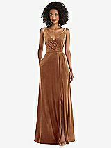 Front View Thumbnail - Golden Almond Velvet Maxi Dress with Shirred Bodice and Front Slit
