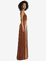 Side View Thumbnail - Golden Almond Velvet Maxi Dress with Shirred Bodice and Front Slit