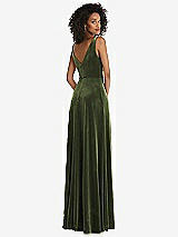 Rear View Thumbnail - Olive Green Velvet Maxi Dress with Shirred Bodice and Front Slit