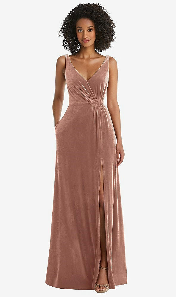 Front View - Tawny Rose Velvet Maxi Dress with Shirred Bodice and Front Slit
