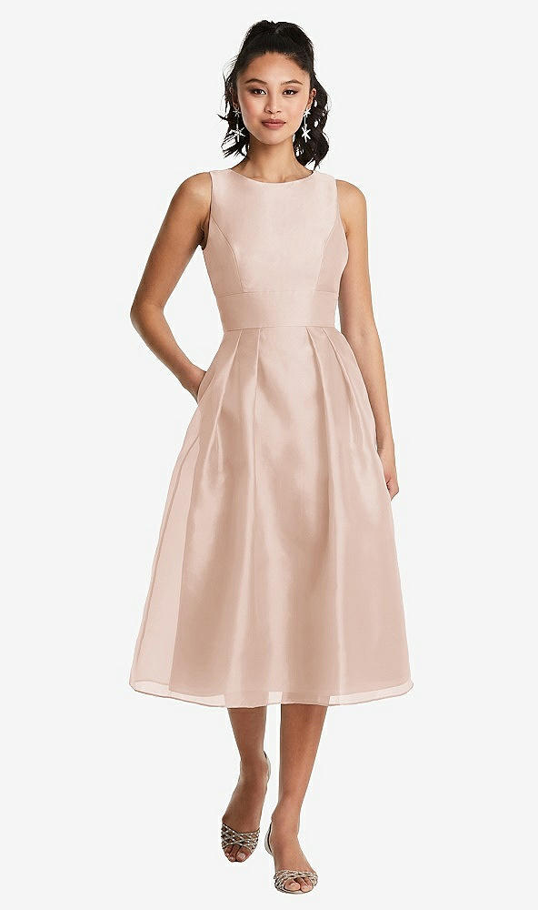 Front View - Cameo Bateau Neck Open-Back Pleated Skirt Midi Dress