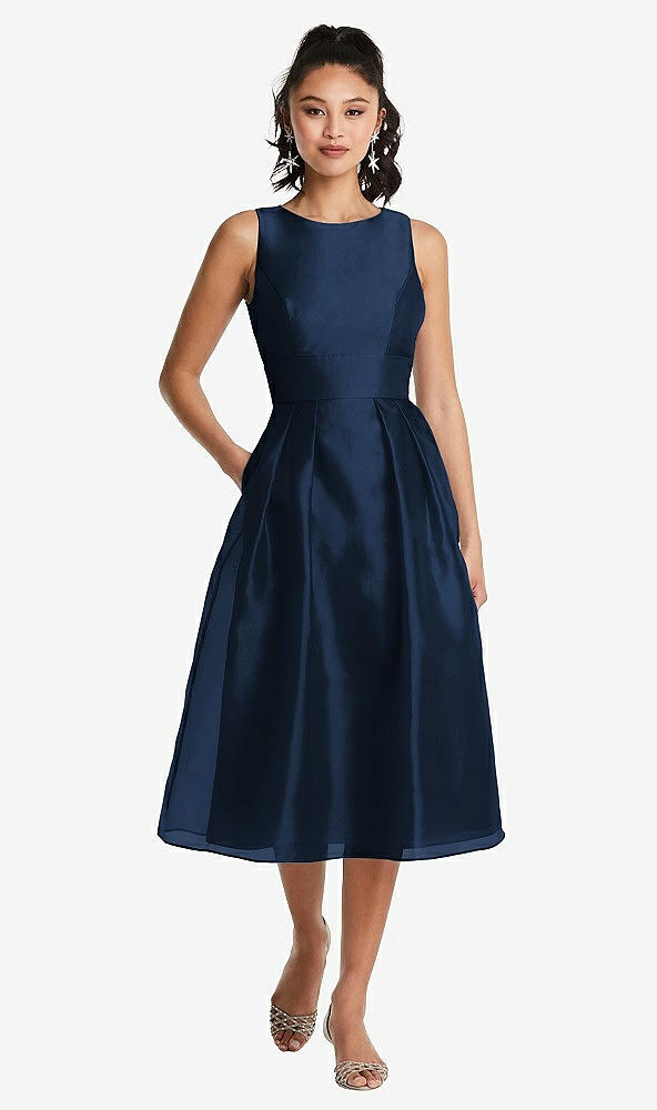 Front View - Midnight Navy Bateau Neck Open-Back Pleated Skirt Midi Dress