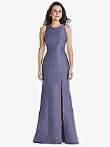 Front View Thumbnail - French Blue Jewel Neck Bowed Open-Back Trumpet Dress with Front Slit