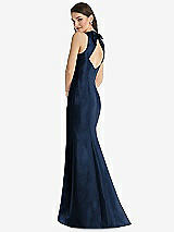 Rear View Thumbnail - Midnight Navy Jewel Neck Bowed Open-Back Trumpet Dress with Front Slit