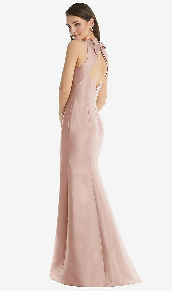 Back View - Toasted Sugar Jewel Neck Bowed Open-Back Trumpet Dress with Front Slit