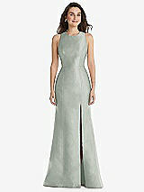 Front View Thumbnail - Willow Green Jewel Neck Bowed Open-Back Trumpet Dress with Front Slit
