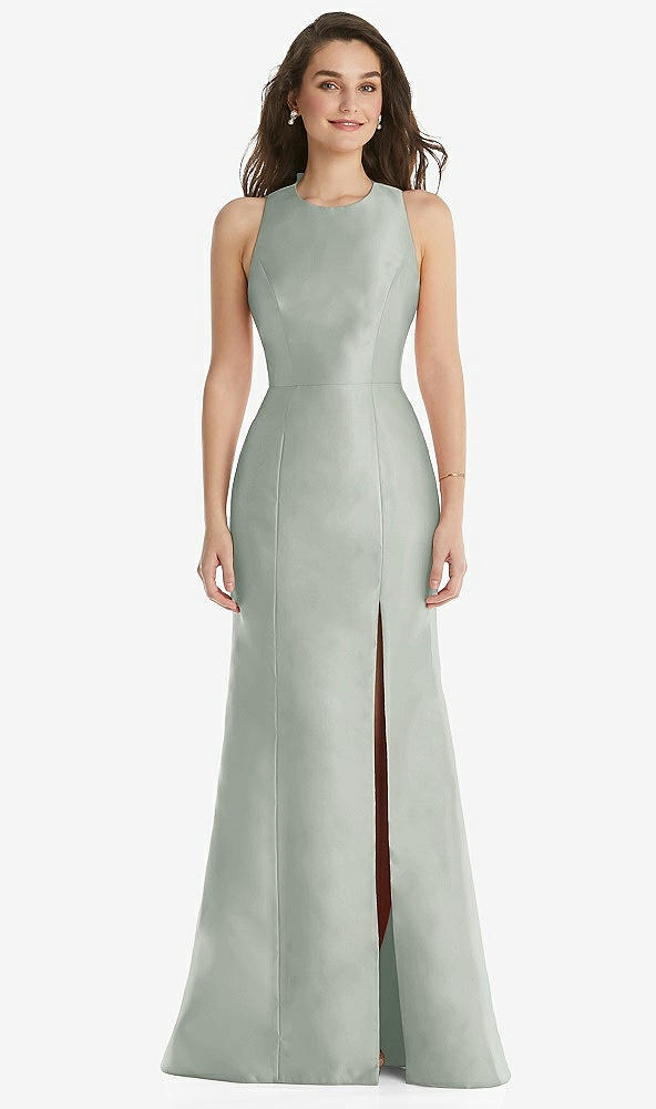 Front View - Willow Green Jewel Neck Bowed Open-Back Trumpet Dress with Front Slit