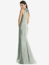 Rear View Thumbnail - Willow Green Jewel Neck Bowed Open-Back Trumpet Dress with Front Slit
