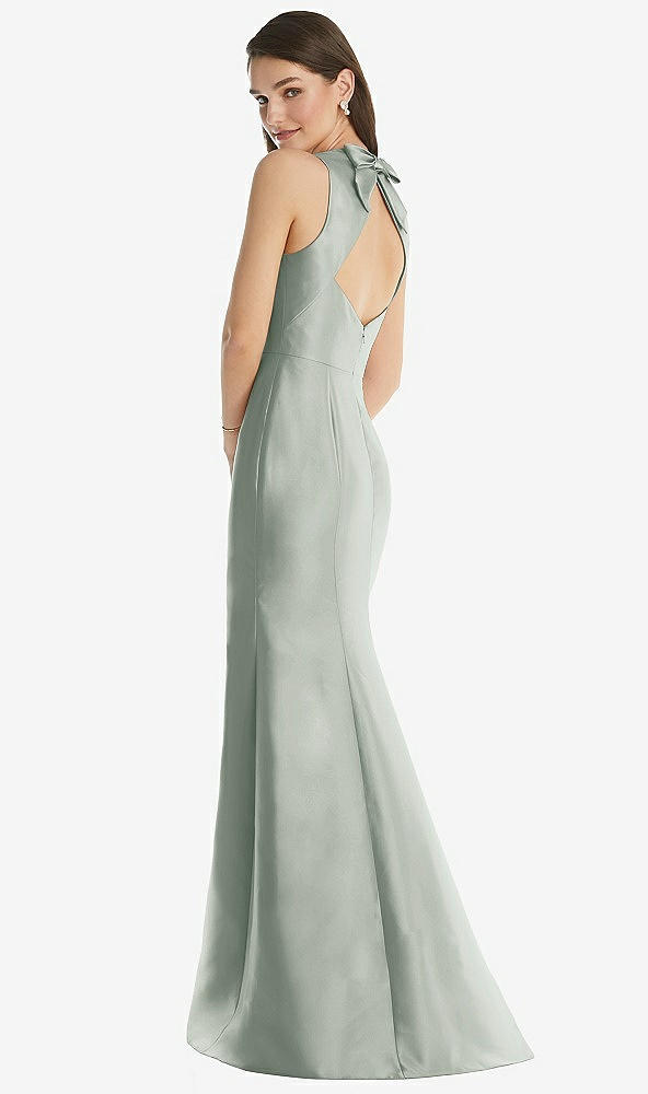 Back View - Willow Green Jewel Neck Bowed Open-Back Trumpet Dress with Front Slit