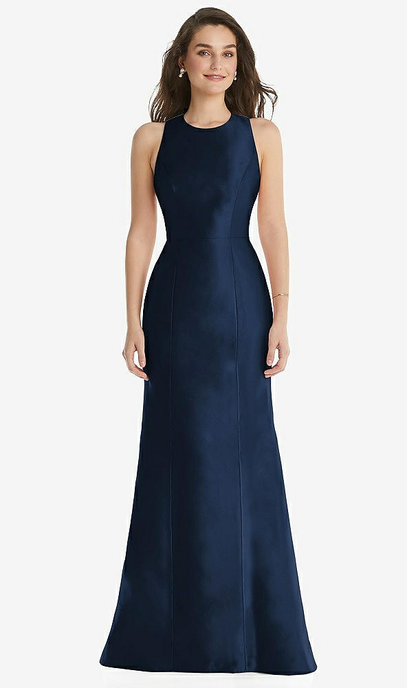 Front View - Midnight Navy Jewel Neck Bowed Open-Back Trumpet Dress 