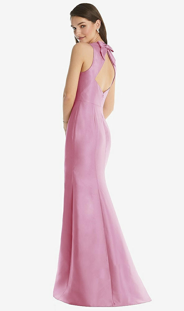 Back View - Powder Pink Jewel Neck Bowed Open-Back Trumpet Dress 