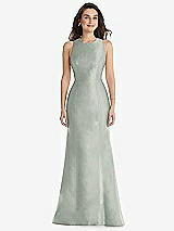 Front View Thumbnail - Willow Green Jewel Neck Bowed Open-Back Trumpet Dress 