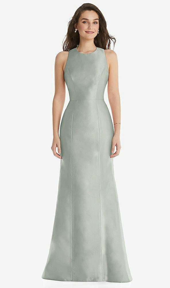 Front View - Willow Green Jewel Neck Bowed Open-Back Trumpet Dress 