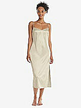 Front View Thumbnail - Champagne  Midi Stretch Satin Slip with Adjustable Straps - Asley