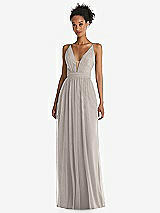 Front View Thumbnail - Taupe & Light Nude Illusion Deep V-Neck Tulle Maxi Dress with Adjustable Straps