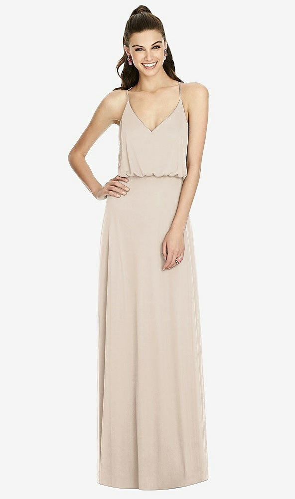 Front View - Nude Gray Inverted V-Back Blouson A-Line Maxi Dress